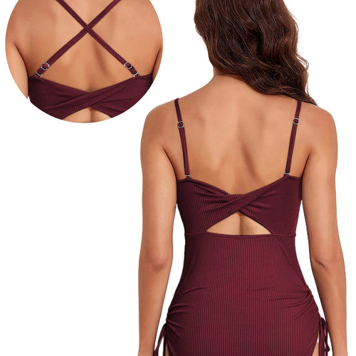 Load image into Gallery viewer, One Piece Swimsuit Tummy Control Drawstring Bathing Suit Ribbed Swim Suit Tie Side Ruched Square Neck Swimming Suits Swimwear Pink 2XL
