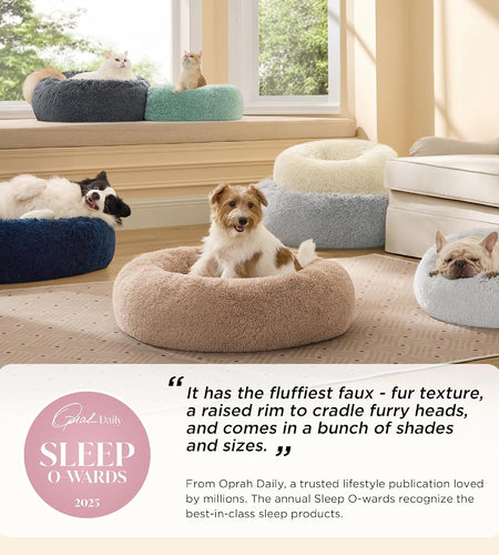 Calming Cat Beds for Indoor Cats - Small Cat Bed Washable 20 Inches, Anti-Slip round Fluffy Plush Faux Fur Pet Bed, Fits up to 15 Lbs Pets, Camel