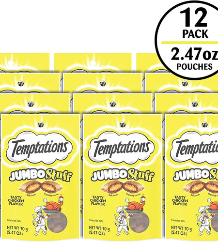 Jumbo Stuff Crunchy and Soft Cat Treats Tasty Chicken Flavor, 2.5 Oz. Pouch, Pack of 12