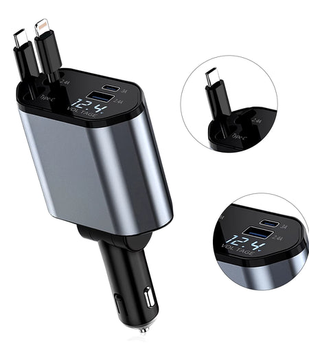 4 in 1 Retractable Car Charger, 100W Quick Charge with 2 USB Port, Retractable Iphone Charger & Tap-C Charger, Retractable Cable