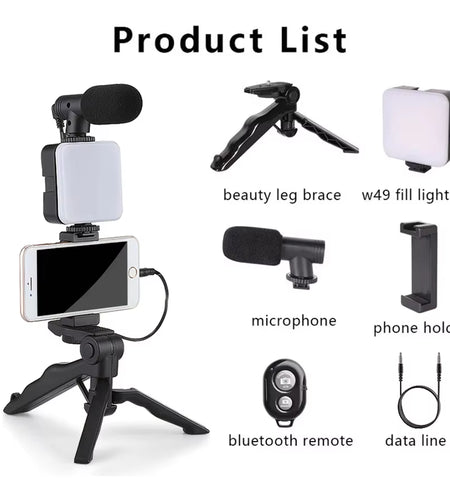 Smartphone Vlogging Kit with Tripod Phone Holder Mini Microphone LED Fill Light Starter for Tiktok Live Stream Video Youtube