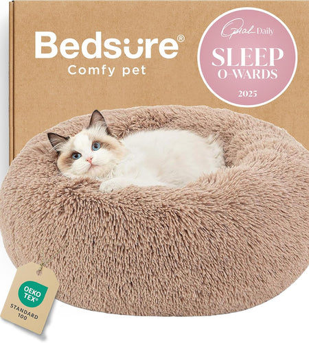 Calming Cat Beds for Indoor Cats - Small Cat Bed Washable 20 Inches, Anti-Slip round Fluffy Plush Faux Fur Pet Bed, Fits up to 15 Lbs Pets, Camel