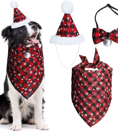 Christmas Snowflake Dog Bandana Costume, Christmas Classic Plaid Snowflake Dog Bandana Scarf Hat Bow Tie with Bell Costume Decoration for Dogs Pets