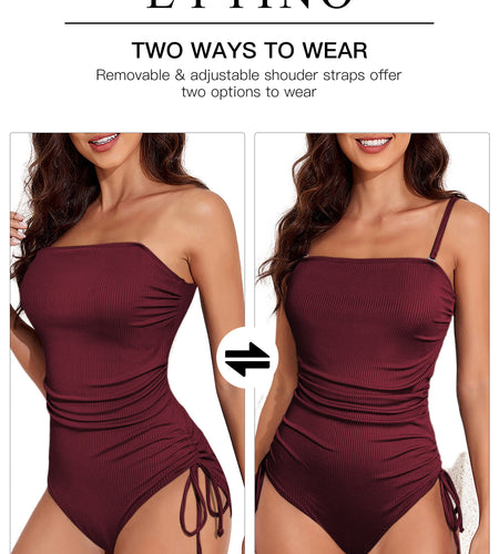 One Piece Swimsuit Tummy Control Drawstring Bathing Suit Ribbed Swim Suit Tie Side Ruched Square Neck Swimming Suits Swimwear Pink 2XL