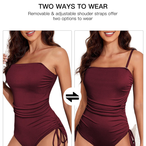 Load image into Gallery viewer, One Piece Swimsuit Tummy Control Drawstring Bathing Suit Ribbed Swim Suit Tie Side Ruched Square Neck Swimming Suits Swimwear Pink 2XL
