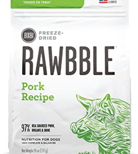 Rawbble Freeze Dried Dog Food, Pork Recipe, 26 Oz - 97% Meat and Organs, No Fillers - Pantry-Friendly Raw Dog Food for Meal, Treat or Food Topper - USA Made in Small Batches